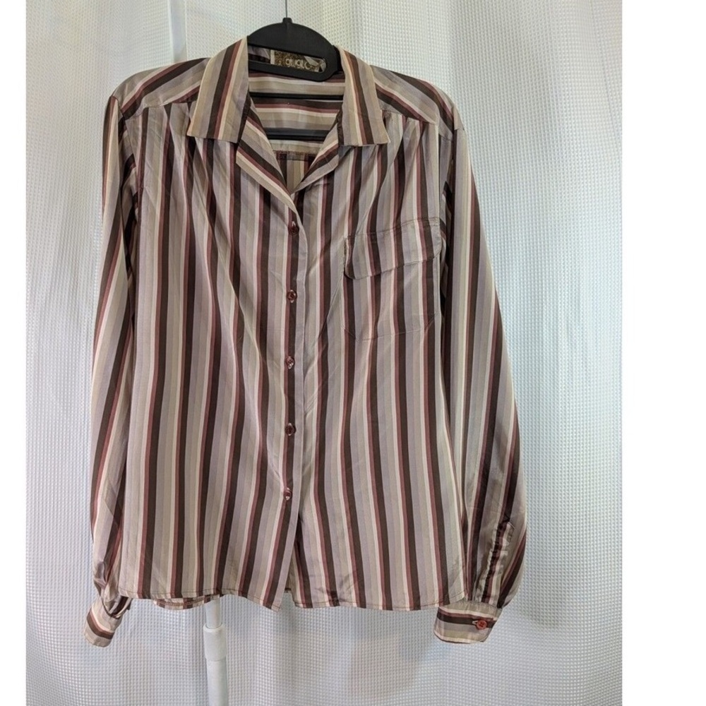 Chico's Brown and Cream Striped Button-Down Shirt